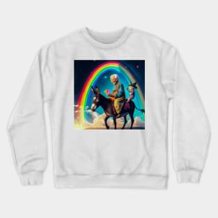 Old Lady on Donkey with Rainbow Crewneck Sweatshirt